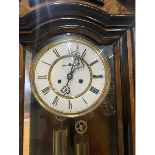 30 - A GOOD QUALITY TWIN WEIGHT EIGHT DAY WALNUT CASE VIENNA WALL CLOCK 18 CM DIAL, HEIGHT OF CASE 120CM