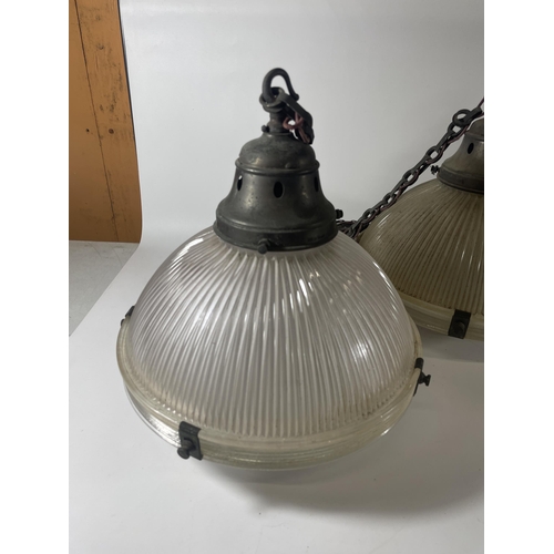 40 - A SET OF FOUR VINTAGE HOLOPHANE 5 LAMPS WITH METAL FITTINGS AND CHAINS