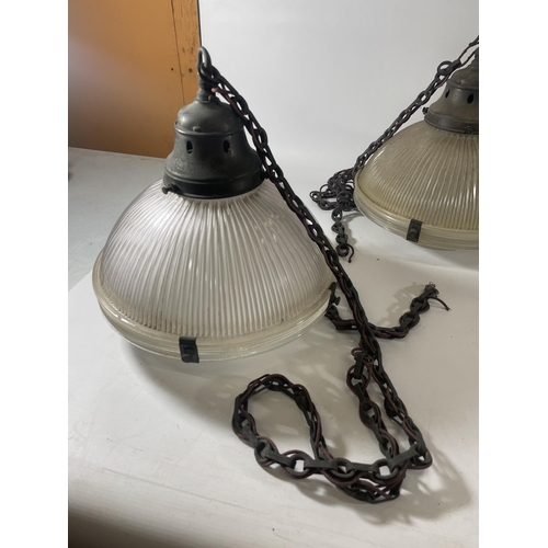 40 - A SET OF FOUR VINTAGE HOLOPHANE 5 LAMPS WITH METAL FITTINGS AND CHAINS