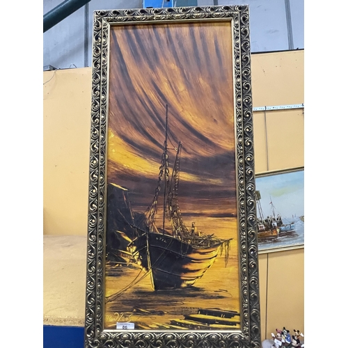 86 - A PAIR OF GILT FRAMED MARITIME OIL ON BOARD PAINTINGS BOATS AT SHAW SIGNED HAWKES