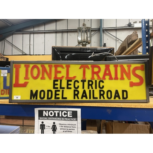 98 - A LIONEL TRAINS ELECTRIC MODEL RAILROAD ILLUMINATED LIGHTBOX SIGN