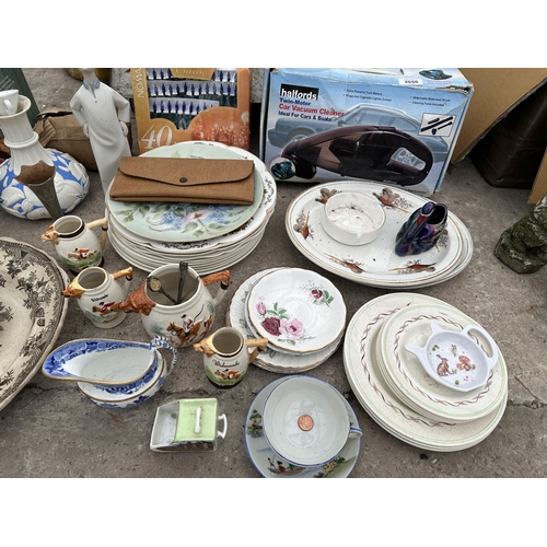 2050 - AN ASSORTMENT OF ITEMS TO INCLUDE CERAMIC PLATES, HUNTING SCENE JUGS AND A LARGE SILVER PLATE TRAY E... 