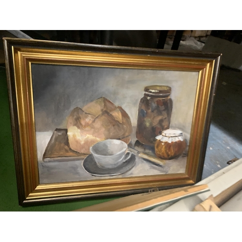 1216 - TWO ORIGINAL STILL LIFE OIL PAINTINGS AND FURTHER RABBIT PRINT