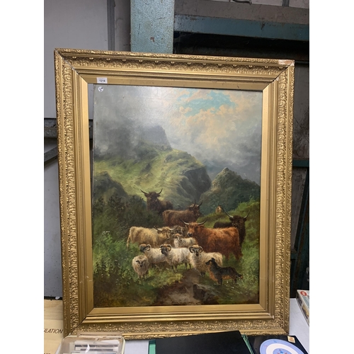 1218 - A LARGE ORNATE GILT FRAMED 19TH CENTURY OIL PAINTING OF HIGHLAND CATTLE, INDISTINCTLY SIGNED