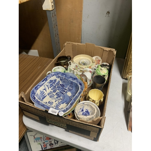 1220 - A BOX OF ASSORTED CERAMICS, BLUE AND WHITE ETC