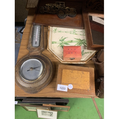 1223 - A MIXED LOT TO INCLUDE BAROMETER, WOODEN CAR PICTURE, MIRROR ETC