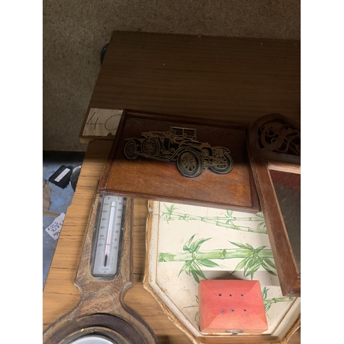 1223 - A MIXED LOT TO INCLUDE BAROMETER, WOODEN CAR PICTURE, MIRROR ETC