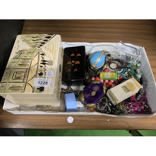 1228 - A BOX OF ASSORTED COSTUME JEWELLERY ETC