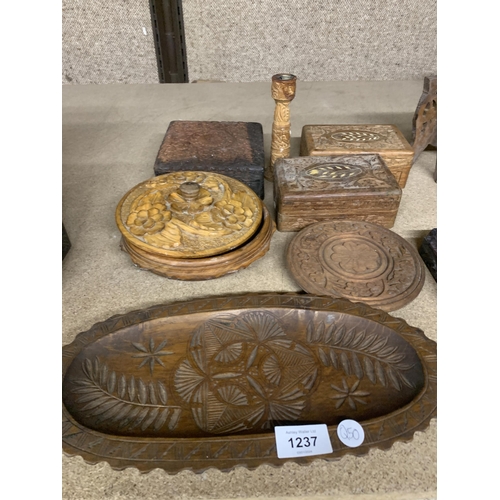 1237 - A COLLECTION OF CARVED WOODEN ITEMS, BOXES ETC