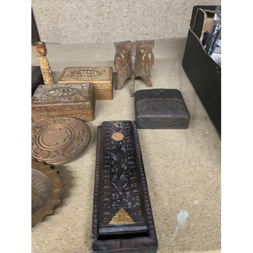 1237 - A COLLECTION OF CARVED WOODEN ITEMS, BOXES ETC