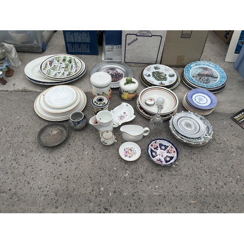 2057 - AN ASSORTMENT OF ITEMS TO INCLUDE CERAMIC PLATES AND LIDDED POTS ETC