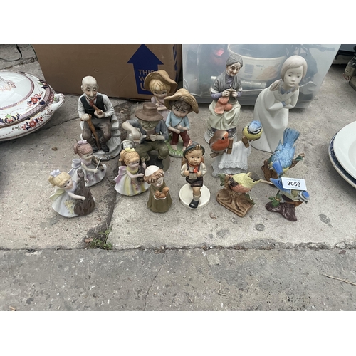 2058 - AN ASSORTMENT OF CERAMIC FIGURES TO INCLUDE BIRDS ETC