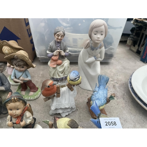 2058 - AN ASSORTMENT OF CERAMIC FIGURES TO INCLUDE BIRDS ETC