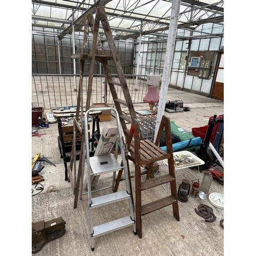 2098 - THREE VARIOUS STEP LADDERS AND A SHOOTING STICK