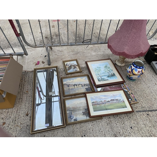 2119 - AN ASSORTMENT OF FRAMED PRINTS, A LAMP AND A CERAMIC VASE ETC