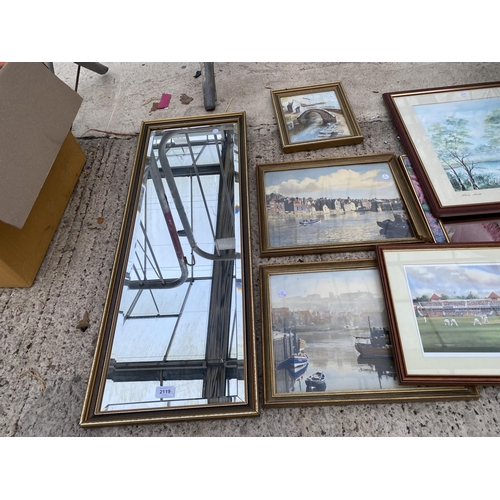 2119 - AN ASSORTMENT OF FRAMED PRINTS, A LAMP AND A CERAMIC VASE ETC