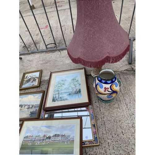 2119 - AN ASSORTMENT OF FRAMED PRINTS, A LAMP AND A CERAMIC VASE ETC