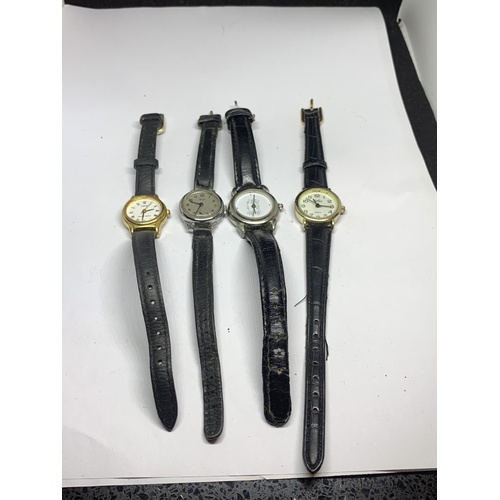 561 - FOUR LADIES WATCHES ON LEATHER STRAPS TO INCLUDE A VINTAGE SMITHS WATCH, LORUS, REFLEX, ETC