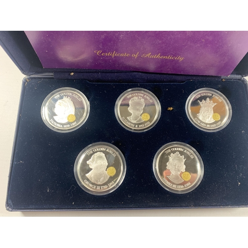 430 - A COLLECTION OF THE GOLDEN JUBILEE MONARCHS FIVE SILVER PROOF COIN SET WITH CERTIFICATE OF AUTHENTIC... 