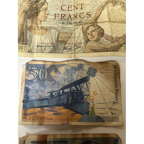 398 - THREE VINTAGE FRENCH BANKNOTES TO INCLUDE A 100 FRANC NOTE AND TWO 50 FRANC NOTES