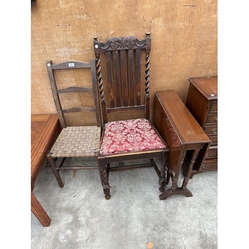 2862 - A MAHOGANY SUTHERLAND TABLE, BEDROOM CHAIR AND OAK JACOBEAN STYLE CHAIR