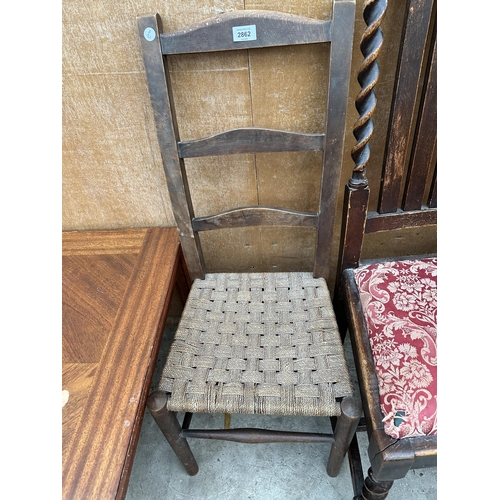 2862 - A MAHOGANY SUTHERLAND TABLE, BEDROOM CHAIR AND OAK JACOBEAN STYLE CHAIR