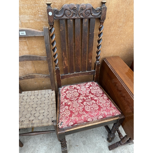 2862 - A MAHOGANY SUTHERLAND TABLE, BEDROOM CHAIR AND OAK JACOBEAN STYLE CHAIR