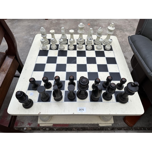 2876 - A  MODERN PAINTED CHESS TABLE COMPLETE WITH FULL SET OF PIECES