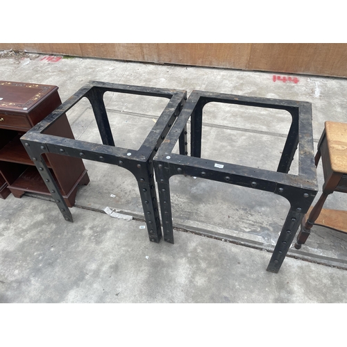 2883 - A PAIR OF CAST IRON INDUSTRIAL LOOK TABLES, BASE EMBELLISHED WITH STUBS, 28