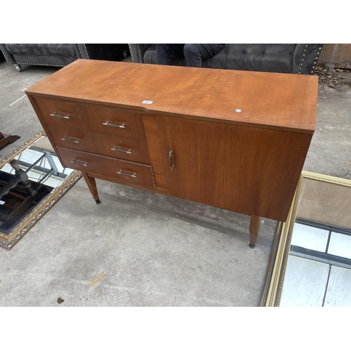 2897 - A RETRO TEAK SIDEBOARD ENCLOSING THREE DRAWERS AND ONE CUPBOARD, 48