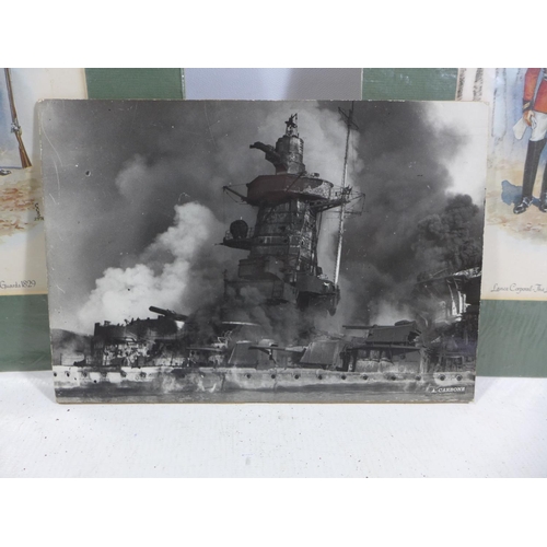 340 - TWO MOUNTED COLOURED PRINTS OF LIFEGUARDS AND THE GRENADIER GUARDS, AND A BLACK AND WHITE PHOTO OF T... 