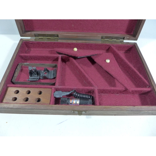 347 - A WOODEN BOX FITTED OUT FOR A 28CM WIDE PISTOL, WIDTH OF BOX 30CM, DEPTH 18CM, HEIGHT 6CM