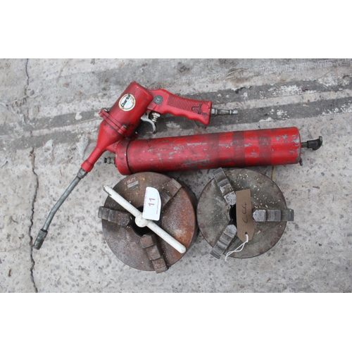 11 - CLARKE AIR GREASE GUN  AND 2 LATHE CHUCKS 3 JAW  NO VAT