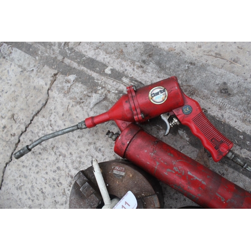 11 - CLARKE AIR GREASE GUN  AND 2 LATHE CHUCKS 3 JAW  NO VAT