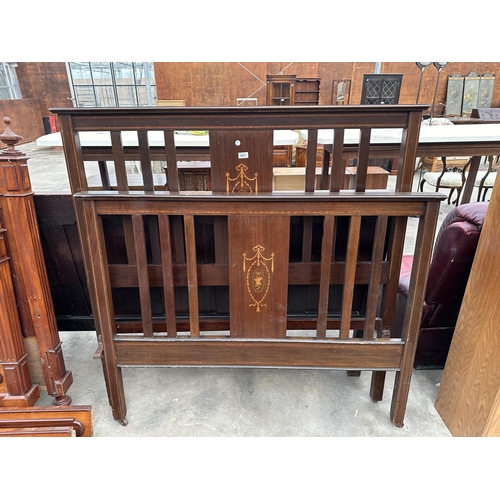 2872 - AN EDWARDIAN MAHOGANY AND INLAID 4'6' BED HEAD AND FOOT