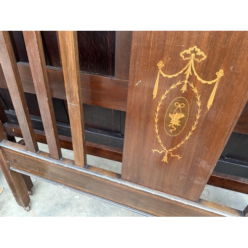 2872 - AN EDWARDIAN MAHOGANY AND INLAID 4'6' BED HEAD AND FOOT