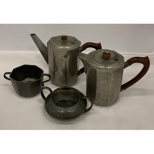 177 - FOUR VINTAGE TUDRIC PEWTER ITEMS - TWO COFFEE POTS AND TWO SUGAR BOWLS, NO. 01650 BY LIBERTY'S OF LO... 