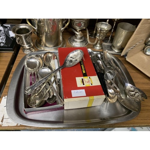 1221 - A BOX OF ASSORTED SILVER PLATED ITEMS, FLATWARE, STAINLESS STEEL TRAY ETC