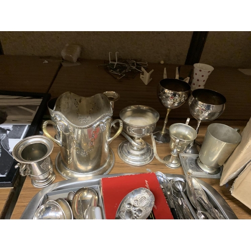 1221 - A BOX OF ASSORTED SILVER PLATED ITEMS, FLATWARE, STAINLESS STEEL TRAY ETC