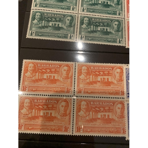 330A - BARBADOS 1939 TERCENTENARY SET OF 5 IN UNMOUNTED MINT BLOCKS OF 4 . SG 257/61 CAT £85