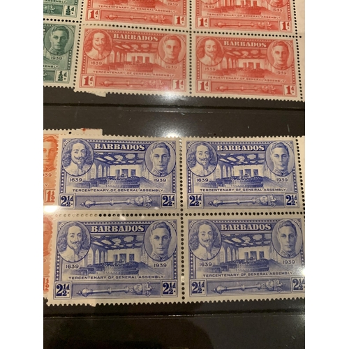 330A - BARBADOS 1939 TERCENTENARY SET OF 5 IN UNMOUNTED MINT BLOCKS OF 4 . SG 257/61 CAT £85