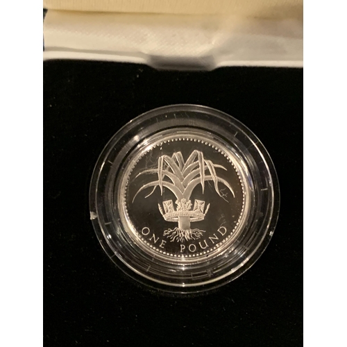 402A - UK , CASED 1990 , ROYAL MINT , “LEEK IN CROWN” , SILVER PROOF ONE POUND COIN , ENCAPSULATED , WITH C... 