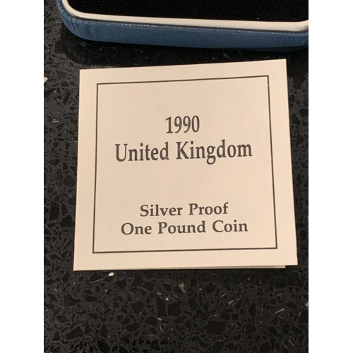 402A - UK , CASED 1990 , ROYAL MINT , “LEEK IN CROWN” , SILVER PROOF ONE POUND COIN , ENCAPSULATED , WITH C... 