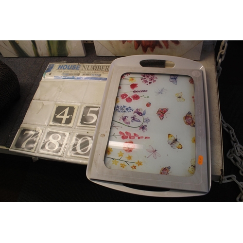 384 - 3 FLOWER PICTURES , 2 TRAYS AND HOUSE NUMBERS  + VAT