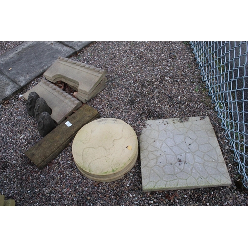 64 - 10 VARIOUS CONCRETE ITEMS INCLUDING 1 FLAG, 1 STEPPING STONE, 5 KERB STONES AND 3 NUMBERS  + VAT
