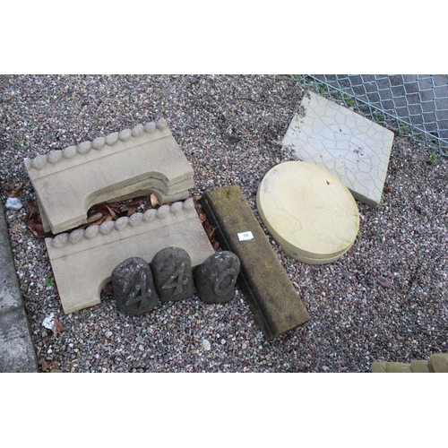 64 - 10 VARIOUS CONCRETE ITEMS INCLUDING 1 FLAG, 1 STEPPING STONE, 5 KERB STONES AND 3 NUMBERS  + VAT