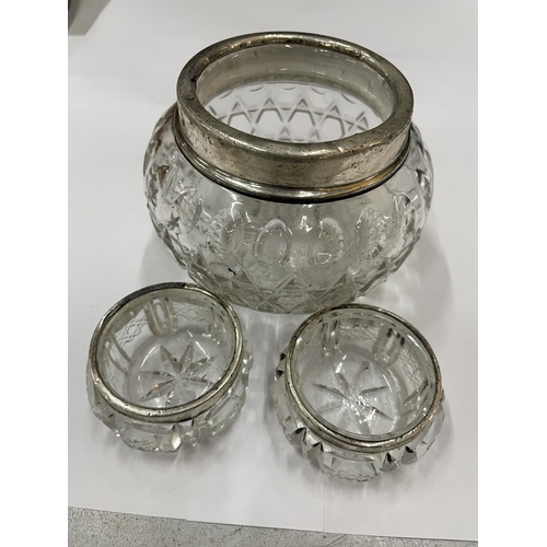 3 - THREE GLASS POTS WITH HALLMARKED SILVER 925 RIMS