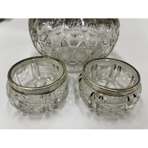 3 - THREE GLASS POTS WITH HALLMARKED SILVER 925 RIMS