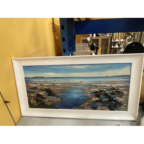 88 - A ROBERT SHAW FRAMED OIL ON BOARD OF A COASTAL SCENE SIGNED SHAW WITH SIGNATURE TO THE BACK WITH VER... 