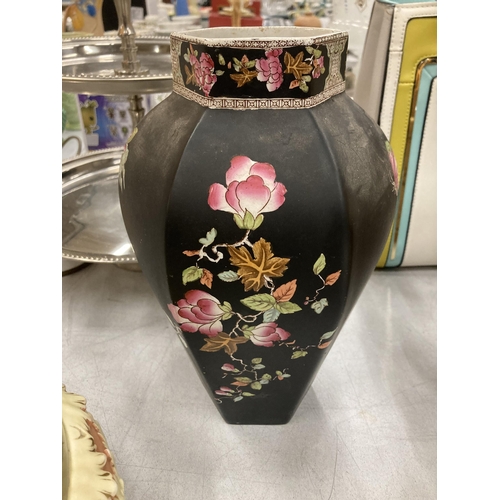 168 - A VINTAGE ADAMS, TUNSTALL HEXAGONAL VASE, BLACK WITH FLORAL PATTERN, HEIGHT 26CM